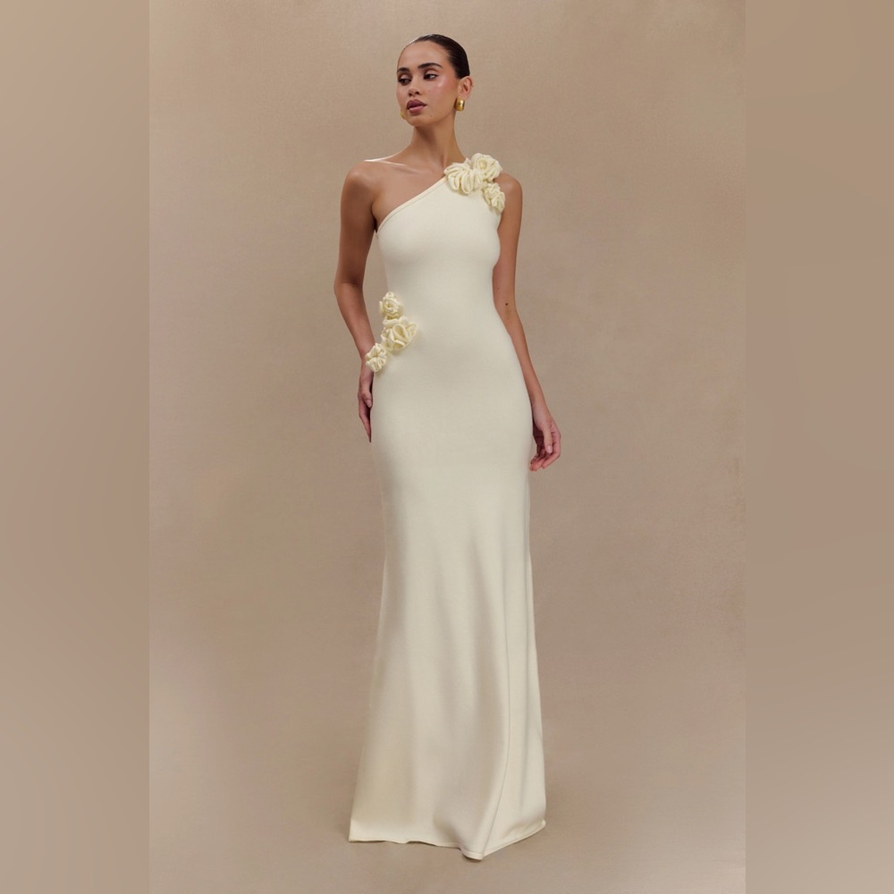 Meshki One Shoulder Knit Maxi Dress With Flowers - Ivory